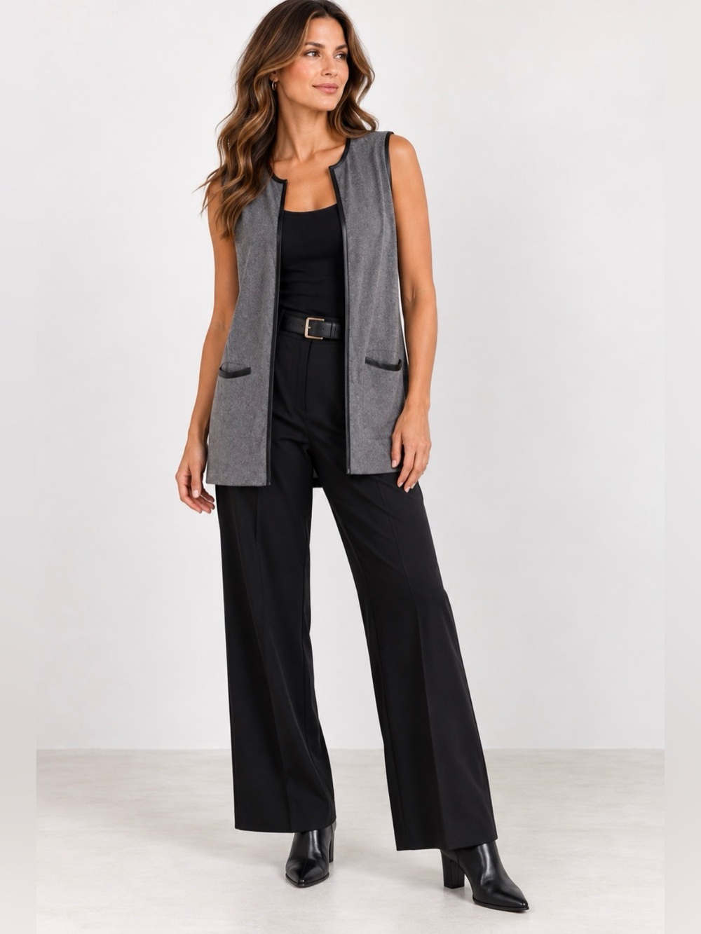 Laura Petites Gray Longline Vest Faux Leather Trim Open Front LP